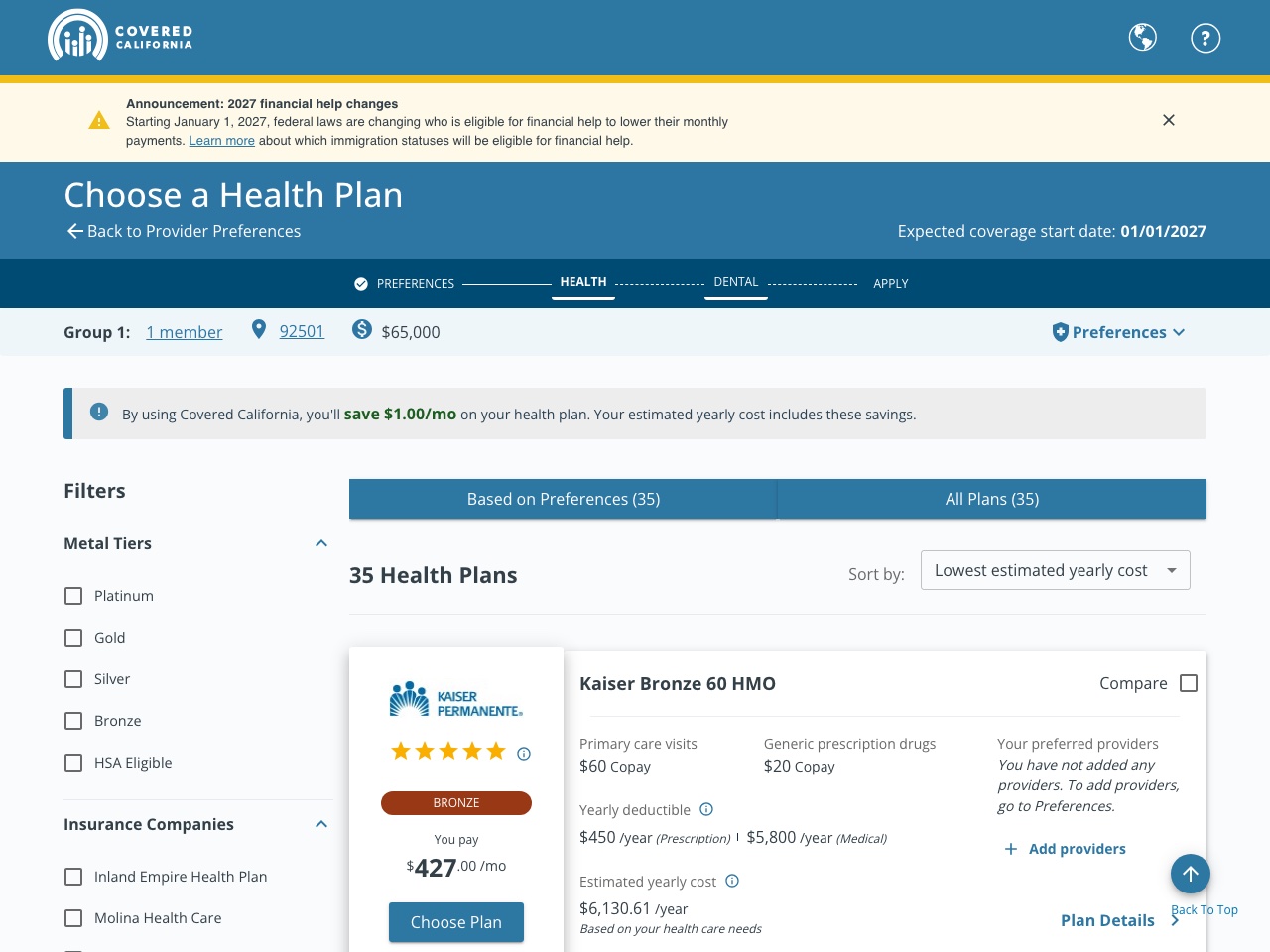 Covered California Choose a Health Plan page for ZIP 92501, one member, $65,000