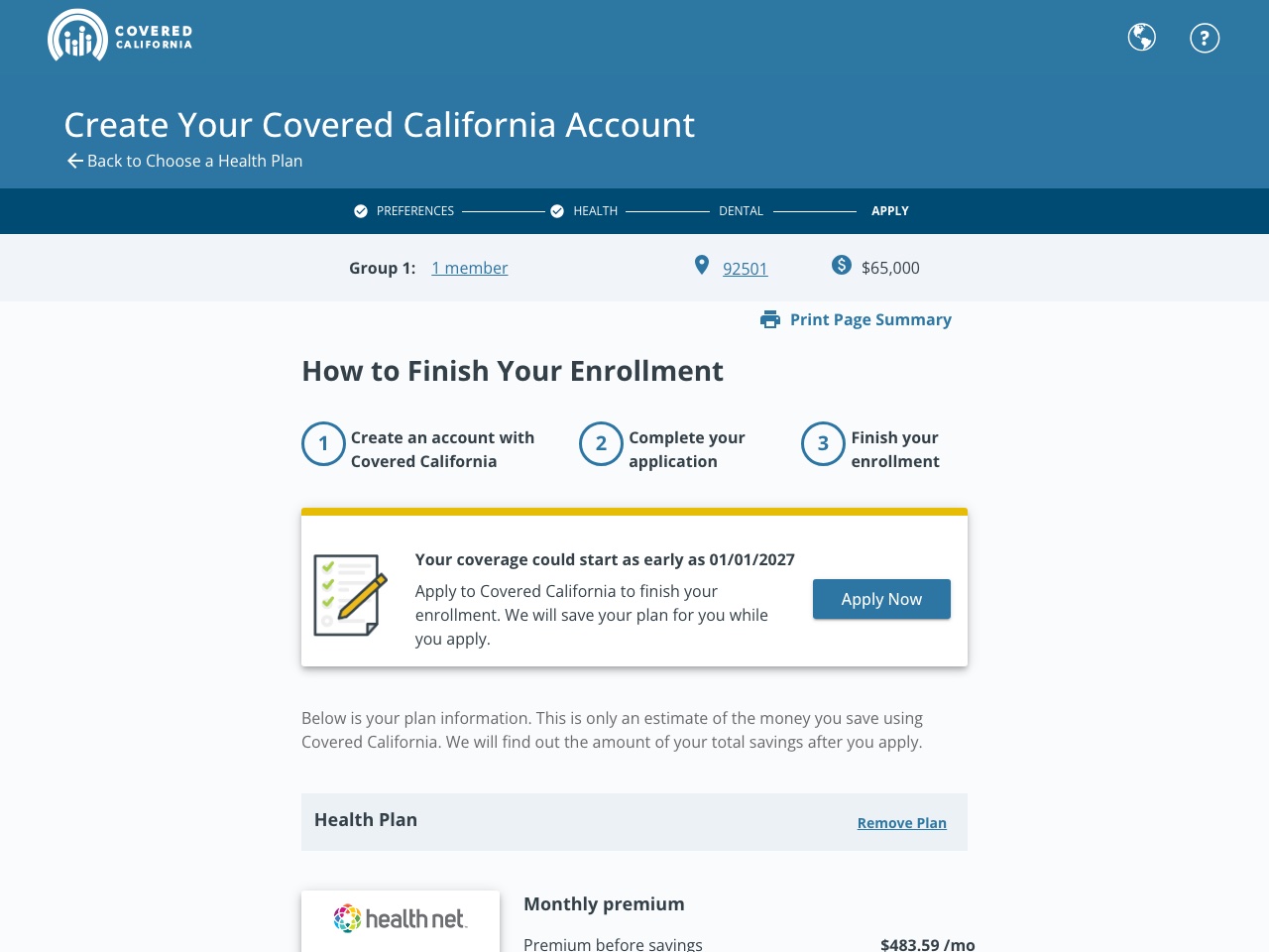 Covered California enrollment step: How to Finish Your Enrollment, for a sample household