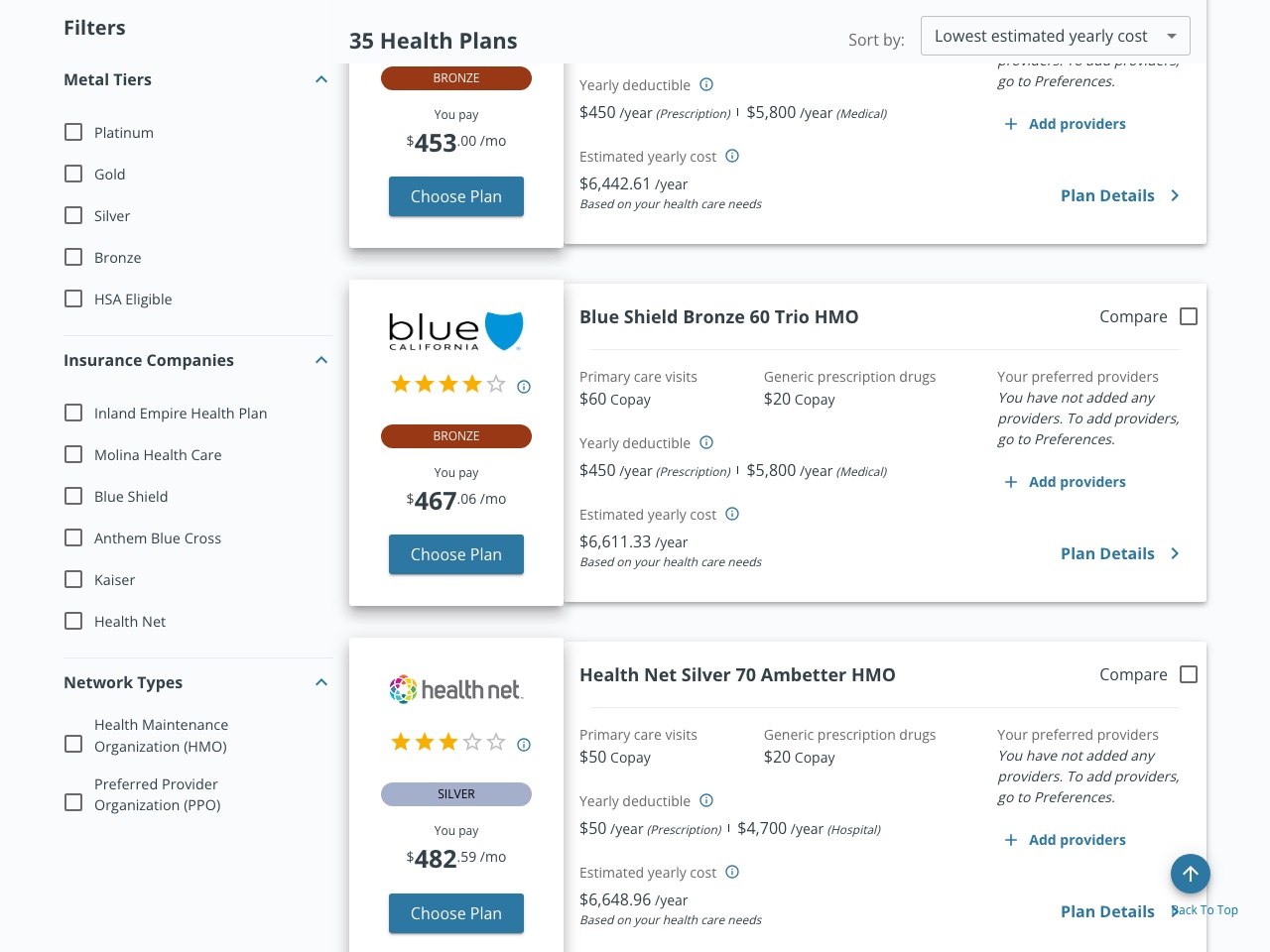Covered California plan list showing Health Net Silver 70 Ambetter HMO