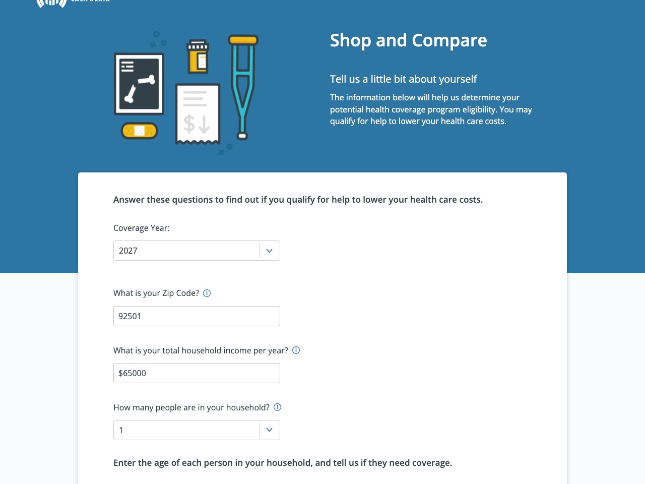 Covered California Shop and Compare form with sample inputs: 2027, ZIP 92501, $65,000, one person
